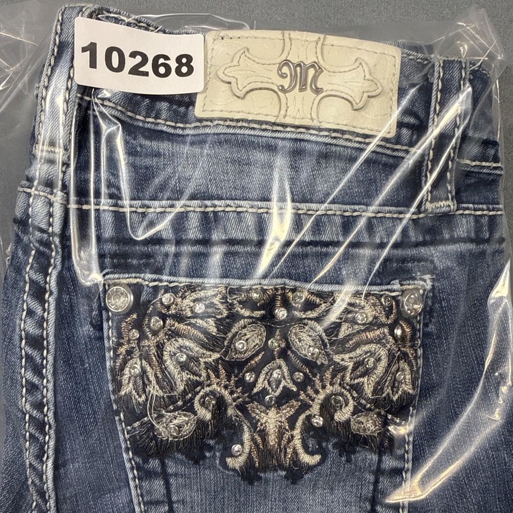 Miss Me straight jEANS wOMEN 26 rHINESTONES embellished  tHICK sTITCH wHISKERING - Picture 11 of 11